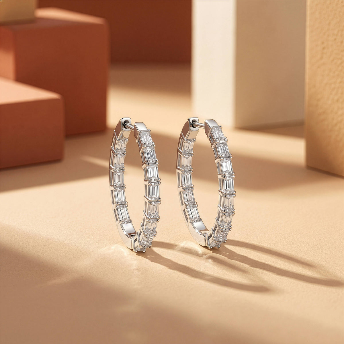 STERLING SILVER RHODIUM PLATED BAGUETTE CUT 3CT LAB DIAMOND HOOPS
