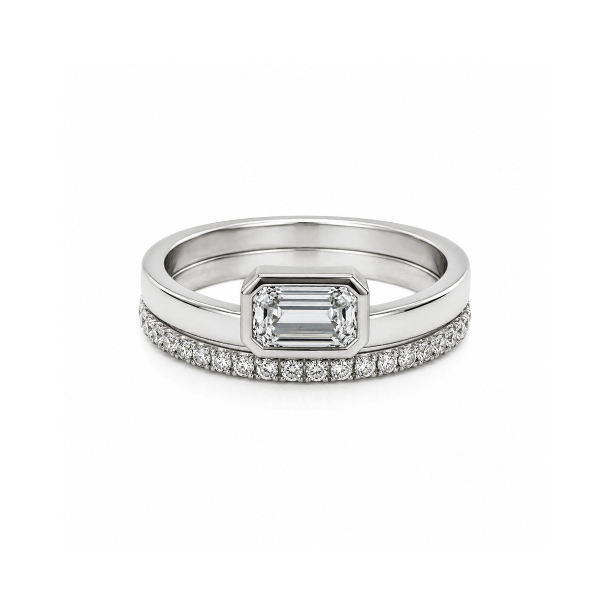 STERLING SILVER RHODIUM PLATED 0.75 CT EMERALD CUT LAB DIAMOND RING AND MATCHING 0.15TCW PAVE BAND