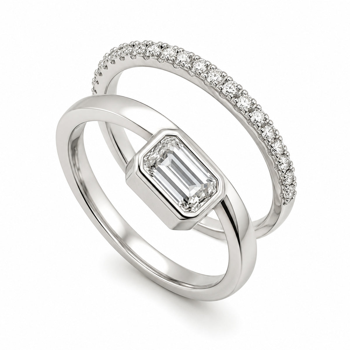 STERLING SILVER RHODIUM PLATED 0.75 CT EMERALD CUT LAB DIAMOND RING AND MATCHING 0.15TCW PAVE BAND