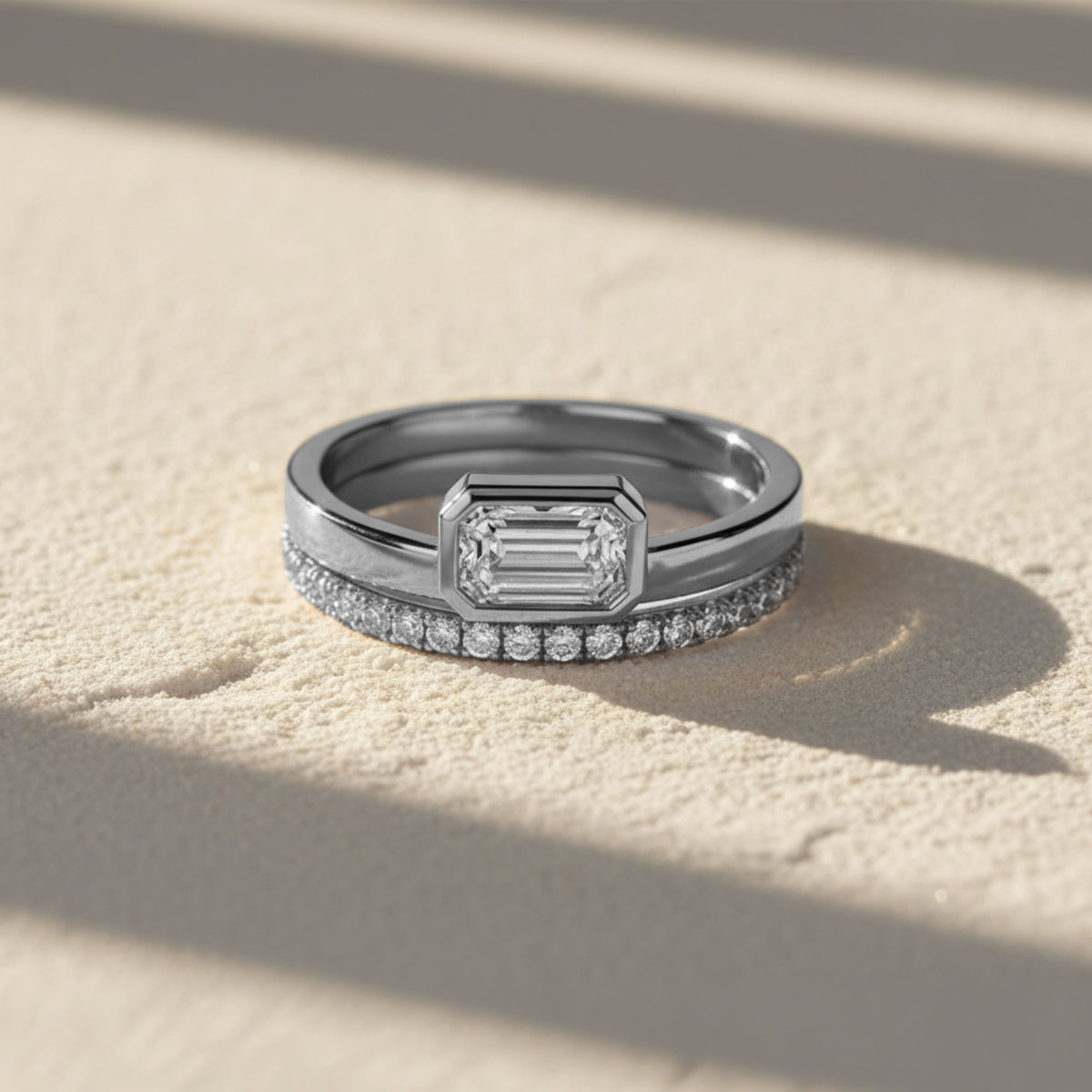 STERLING SILVER RHODIUM PLATED 0.75 CT EMERALD CUT LAB DIAMOND RING AND MATCHING 0.15TCW PAVE BAND