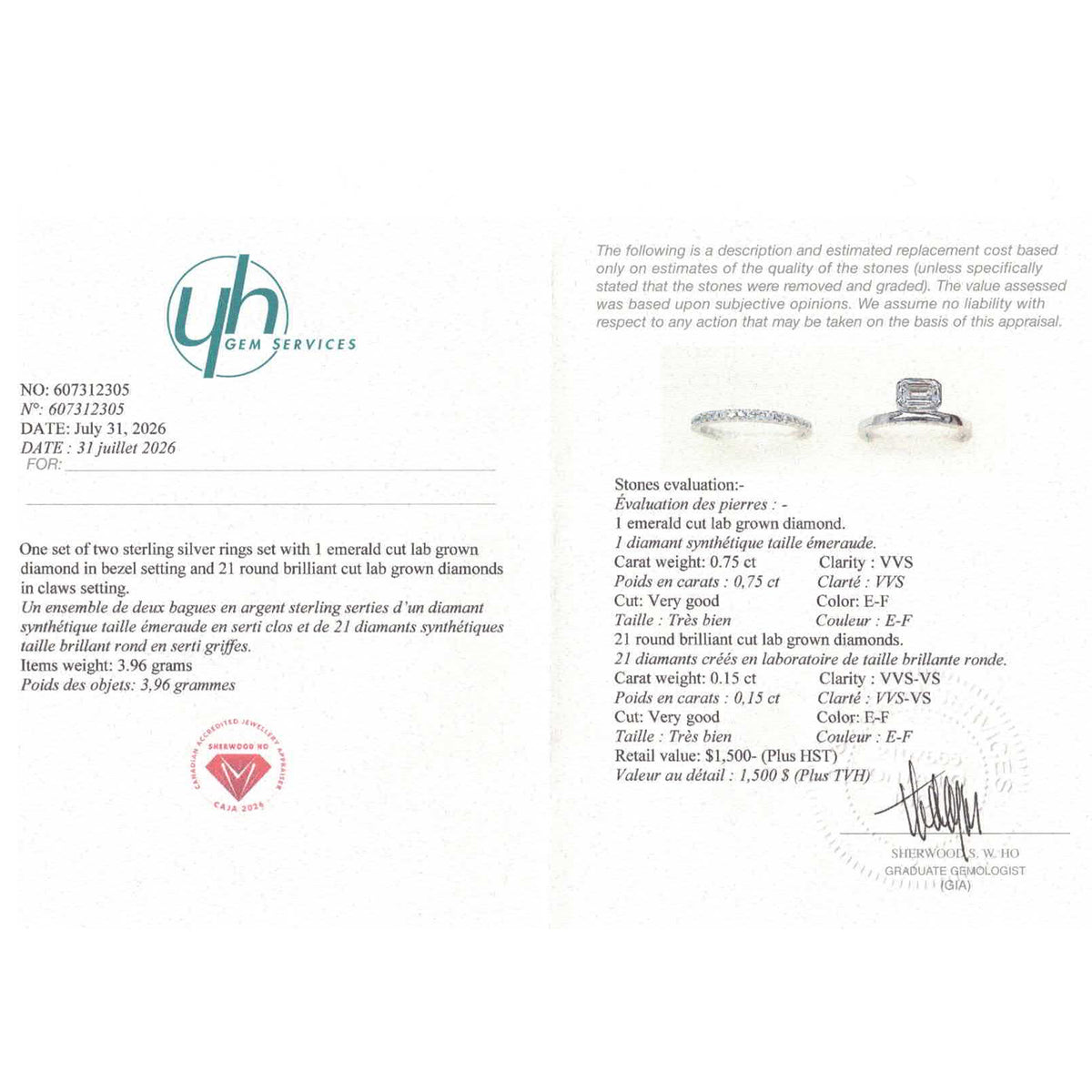 STERLING SILVER RHODIUM PLATED 0.75 CT EMERALD CUT LAB DIAMOND RING AND MATCHING 0.15TCW PAVE BAND
